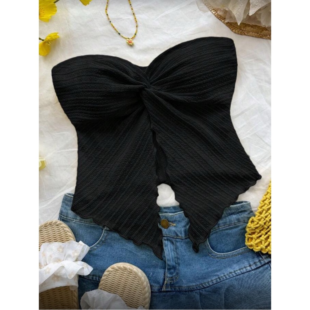 Solela Black Textured Knit Twist Front Cropped Cami Top Size Xl New